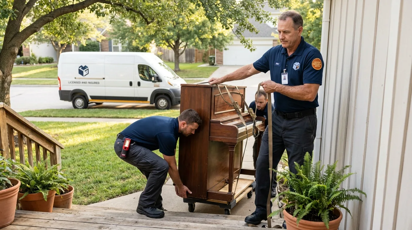 Licensed piano movers securing grand piano in Salado, TX
